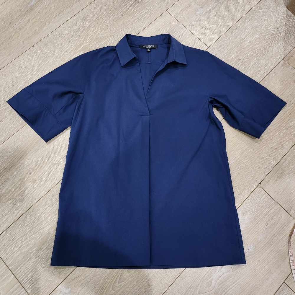 Lafayette 148 New York Navy Blue V Neck Tunic Poplin Blouse Petite P Luxury